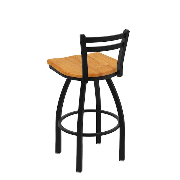 30 Low Back Swivel Bar Stool,Black Wrinkle,Med Oak Seat